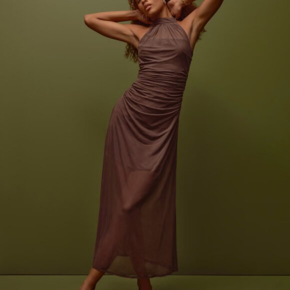 NWT Abercrombie & Fitch Vol 28 Sheer Halter Maxi Dress in Brown Medium Petite - Picture 1 of 9